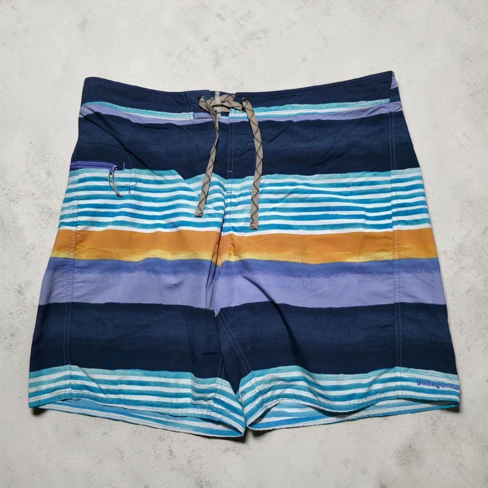 Patagonia Board Shorts Mens 38 Blue Tribal Print Stretch Planing Surf Swim Beach